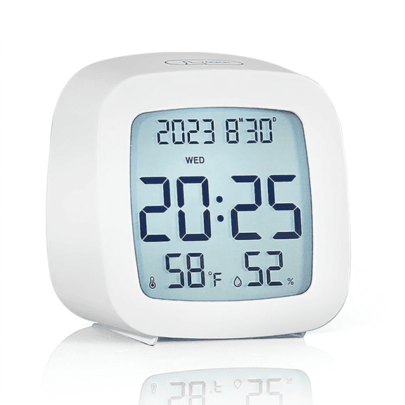 DAYBETTER Digital Alarm Clock, Touch Backlight Small Desk Clock, Battery Operated, Display Time Date Week Temperature Humidity, Snooze Function, Portable Clock for Bedroom Living Room Office