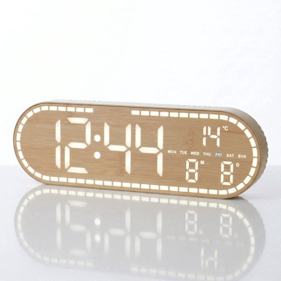 DAYBETTER Wood Grain Digital Alarm Clock, Dual Alarms, Adjustable Brightness, Time/Date/Week/Temp Display, Power-off Memory for Bedroom, Dorm, Office