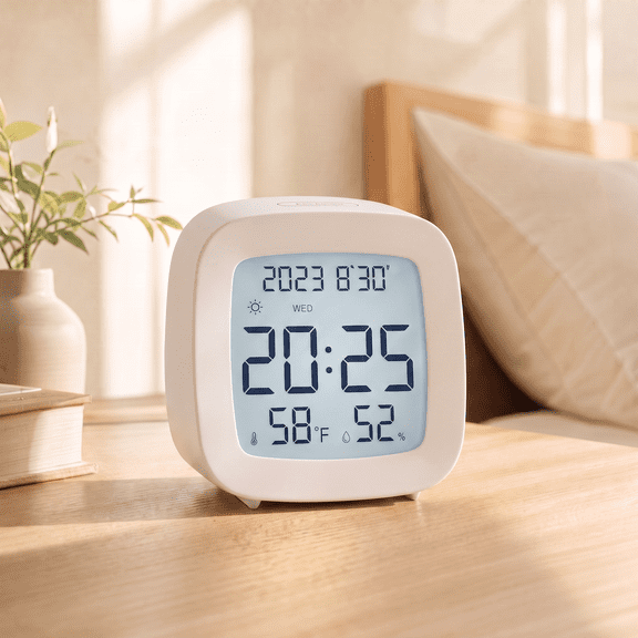 DAYBETTER Digital Alarm Clock, Touch Backlight Small Desk Clock, Battery Operated, Display Time Date Week Temperature Humidity, Snooze Function, Portable Clock for Bedroom Living Room Office