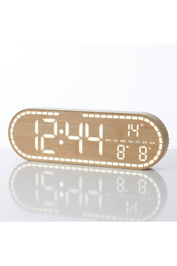 Digital Alarm Clock With Wood Grain, Dual Alarms & Adjustable Brightness , Time/Date/Week/Temp Display, Power-Off Memory Function for Bedroom Dorm Living Room Office