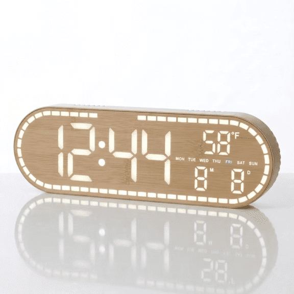 DAYBETTER Wood Grain Digital Alarm Clock, Dual Alarms, Adjustable Brightness, Time/Date/Week/Temp Display, Power-off Memory for Bedroom, Dorm, Office