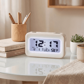 DAYBETTER Digital Alarm Clock, Backlit LCD Desk Clock with Snooze, Time, Week & Indoor Temperature Display for Bedroom, Home, Office