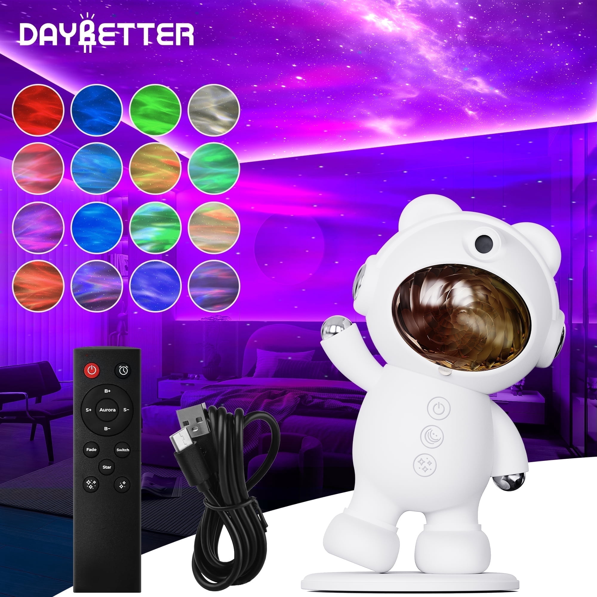 DAYBETTER Night Light for Kids Adults,16 Modes Remote Control Star Projectors,Timer Ceiling Night Lamp for Bedroom Decor White