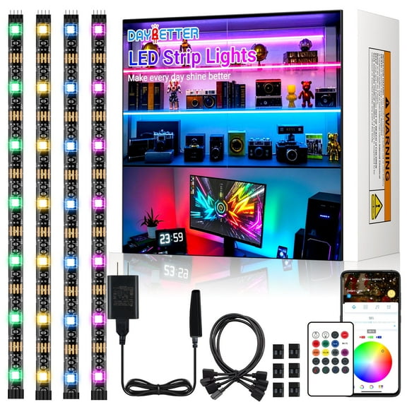 DAYBETTER LED Strip Lights,4Pre-Cut 1.64ft/6.5ft RGB Under Cabinet Lighting Kit Dimmable, Remote/APP Control Music Sync Color Changing LED Tape Light for Cabinet Counter Shelf Bookcase