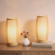 DAYBETTER Table Lamps Set of 2, Slatted Bamboo Bedside Lamps, Beige Linen Shades, for Decorative Use in Bedrooms, Studies, Caf s, and Bookshelves