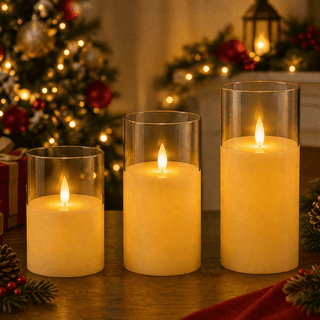 DAYBETTER Flameless LED Candles Set of 3, Moving Wick Flickering Battery Operated Acrylic Pillar Candles, Warm White Decorative Candles for Home, Wedding, Holiday Décor
