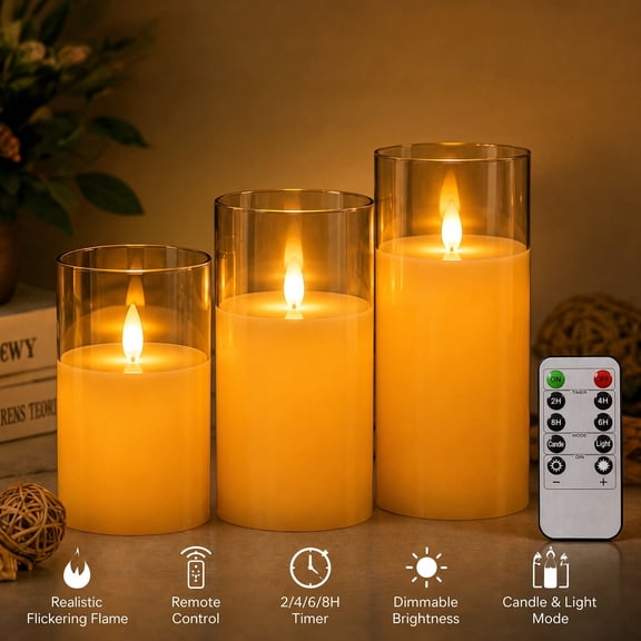 DAYBETTER Flameless LED Candles Set of 3 with Remote Control, Moving Wick Flickering Candles, Timer & Dimmable, Battery Operated Acrylic Pillar Candles for Home, Wedding, Holiday Décor