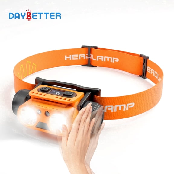 DAYBETTER Rechargeable Headlamps 9 Lighting Modes, 500LM LED Headlight Motion Sensor, 90 Degree Adjustable, Sport Light for Camping Hiking Fishing, Yellow