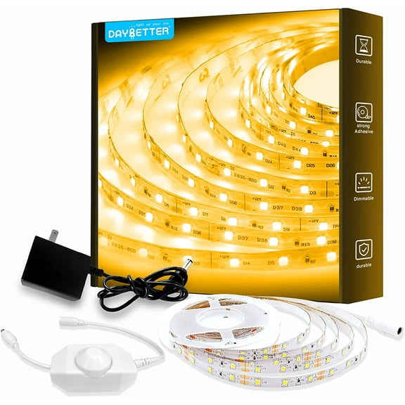 DAYBETTER Warm White LED Strip Light,16.4 ft Dimmable Bright Rope Light,3000K 12V LED Light Strip,Super Bright LED Tape Lights for Bedroom,Kitchen,Mirror,Home Decoration