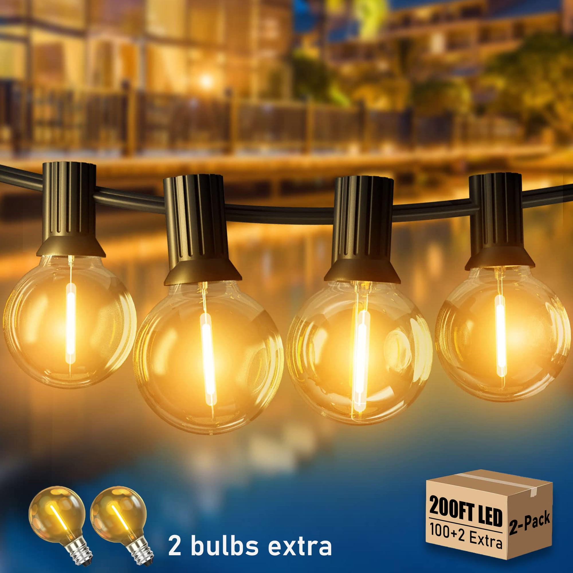 DAYBETTER Waterproof 200FT Outdoor String Lights, with 100 + 2 Plastic G40 , Connectable Shatterproof Outside Hanging Lights for Backyard Porch Deck