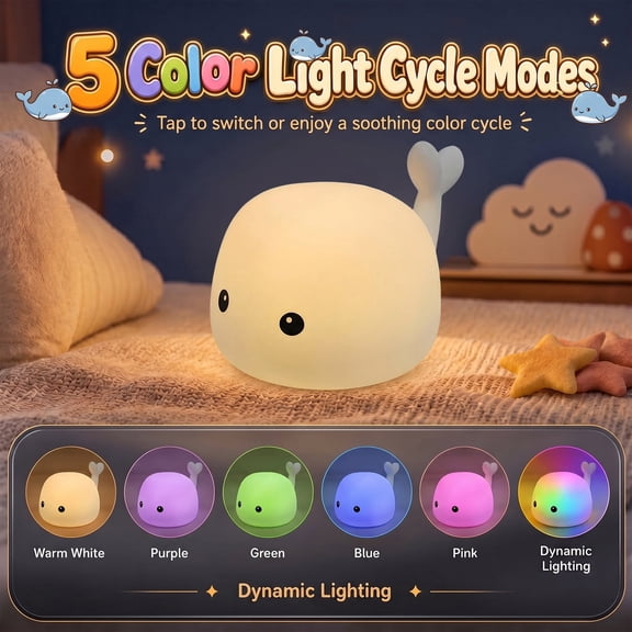 DAYBETTER Whale Night Light, Tap Control Color Changing LED Night Light, Soft Silicone Lamp with 5 Colors & Dynamic Mode for Kids, Nursery, Bedroom & Home Decor