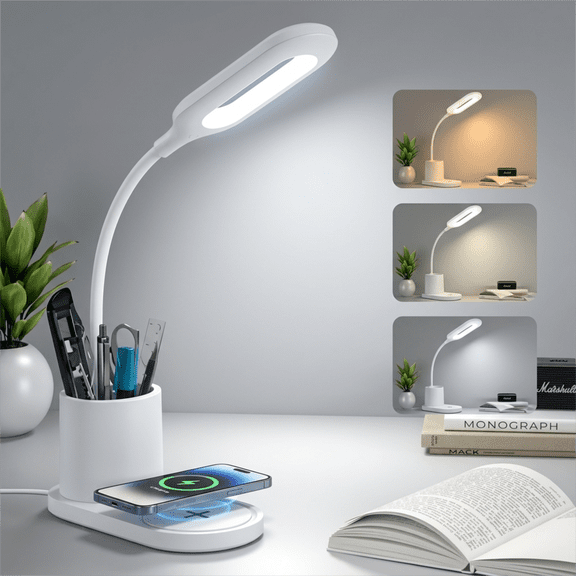 VOLIVO Wireless Charging Desk Lamp,3 Color temperature with Stepless Dimming,Touch switch, 360° Adjustable Neck and Pen Holder, for Studying and Working, White