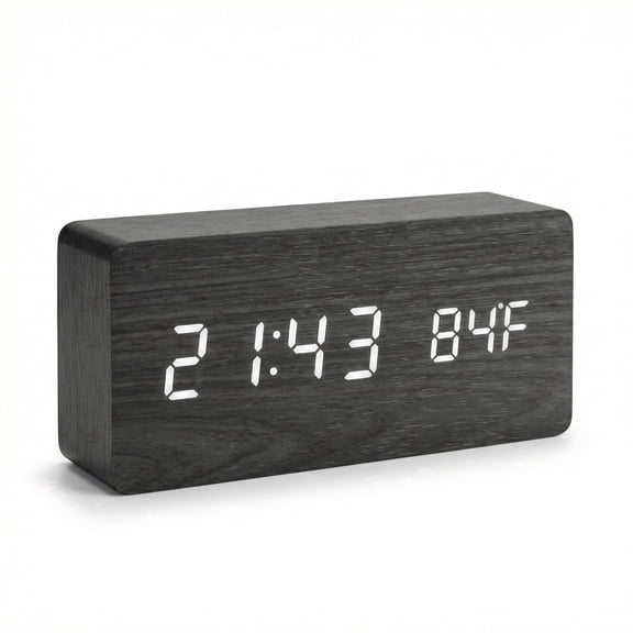 DAYBETTER Wooden Digital Alarm Clocks for Bedrooms, USB Port & Battery Powered, Loud Alarm Clock for Heavy Sleepers,Dimmer, 3 Alarms, Sound Control, Temperature, 12/24H,Black