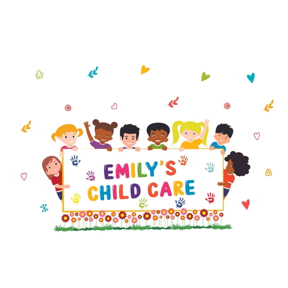 DAYCARE - Adhesive Cartoon Art Decor Children Daycare Sign Board Design Vinyl Wall Decal Sticker - Multicolored Personalized Name Lettering Art Kids Playroom Removable Wall Decoration 45" x 30"