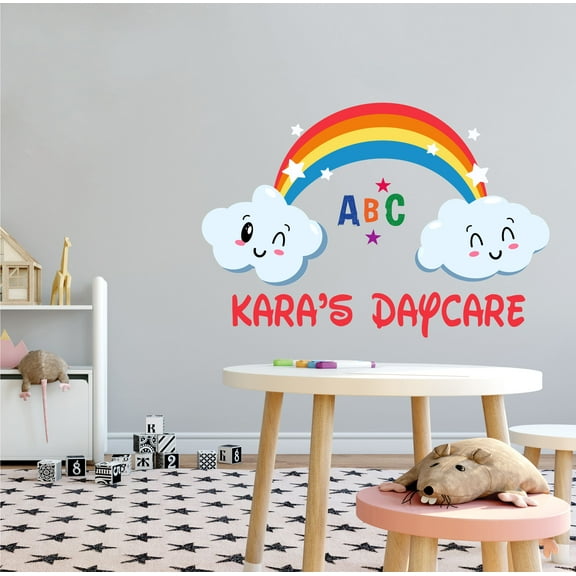 DAYCARE - Easy To Apply Kids Playroom Kindergarten Rainbow Clouds Decor Customized Name Lettering Art Design Vinyl Wall Decal Sticker - Multicolored Daycare Removable Wall Decoration 10" x 7"