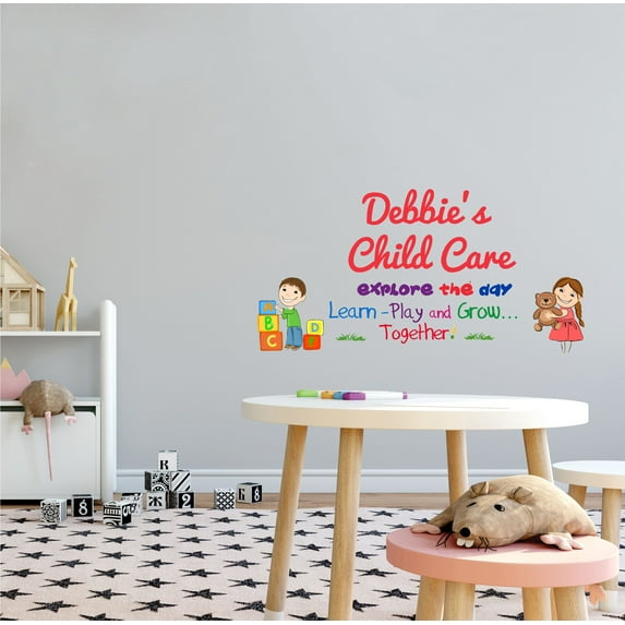 DAYCARE - Explore The Day Learn Play And Grow Together - Vinyl Adhesive Multicolored Daycare Art Decoration Inspirational Quotes Personalized Name Design Kids Playroom Wall Decal Sticker 40" x 20"