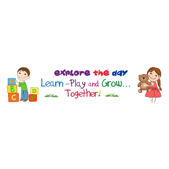 DAYCARE - Explore The Day Learn - Play And Grow Together - Removable Kids Playroom Kindergarten Inspirational Quotes Decoration Multicolored Daycare Child Care Vinyl Wall Decal Sticker 40" x 8"