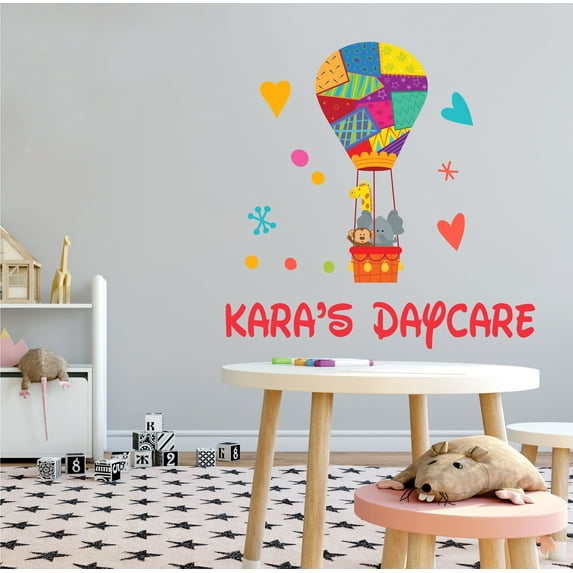 DAYCARE - Multicolored Child Care Vinyl Hot Air Balloon Wall Decoration - Monkey Giraffe & Elephant Animals Design - Removable Daycare Personalized Name Lettering Art Wall Décor Sticker 10" x 10"
