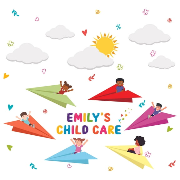 DAYCARE - Removable Paper Planes Children Daycare Center Customized Name Lettering Art Design Vinyl Kids Playroom Wall Decal - Cartoon Art Hearts Clouds Multicolored Decor Wall Sticker 10" x 9"