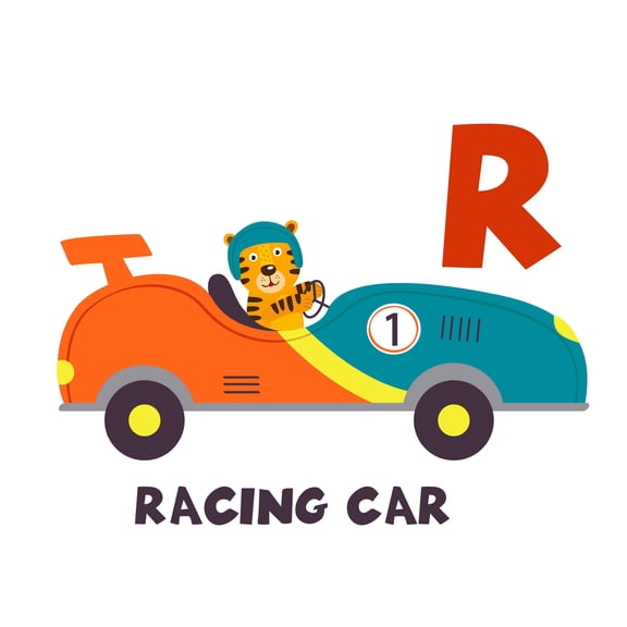 DAYCARE - Removable Race Car Tiger Racer Decoration Sticker Educational Letter R Alphabet Art Design Vinyl Adhesive Kindergarten Kids Nursery Wall Decal 20" x 16"
