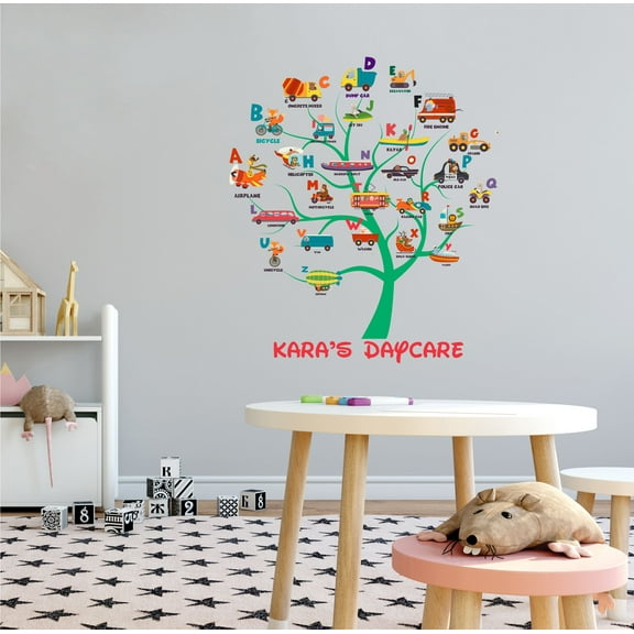 DAYCARE - Vinyl Mural Art Educational Alphabet Tree Decal Things Starting From Letters A To Z Design Multicolored Daycare Wall Decal - Kids Playroom Personalized Name Childcare Wall Sticker 36" x 40"