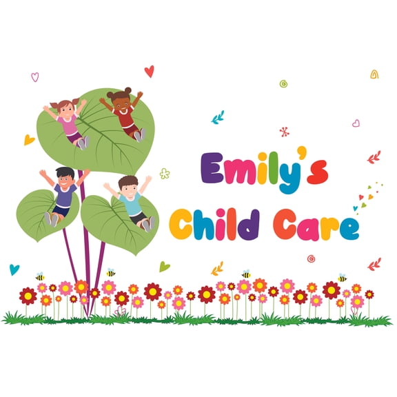 DAYCARE - Vinyl Personalized Name Lettering Art Daycare Kids Playroom Large Leaf Flowers Design Wall Decal - Giant Leaves Decoration Playing Children Cartoon Art Adhesive Wall Decor Sticker 20" x 12"