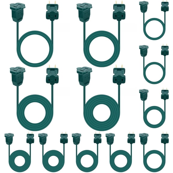 DAYI 12 Pack 2 Prong Extension Cords 3ft 6ft 9ft 12ft Assorted Lengths for Christmas Lights Indoor Outdoor 20AWG Polarized Power Extension Cable for Holiday String Lights Decorations(Green)