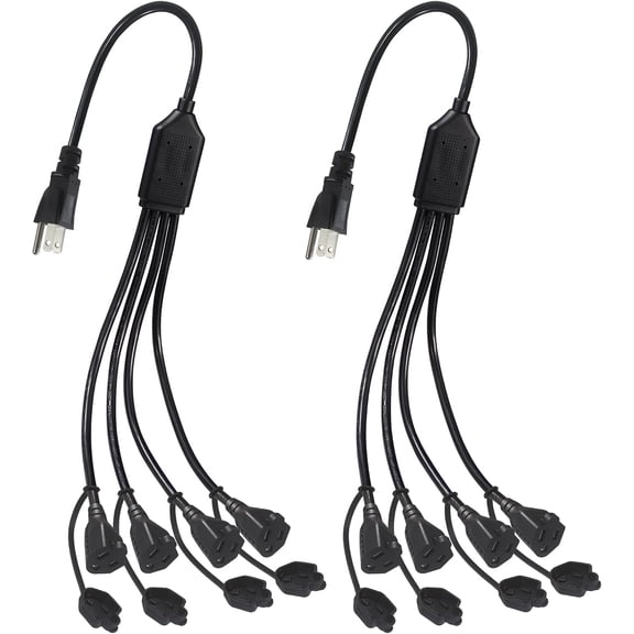 DAYI 4-Outlet Power Splitter Cord - 3 Prong 1 to 4 Way Male to Female Multi Plug Adapter, 1.5FT 16AWG 13A Y Style Extension Cord with Outlet Cover for Computer, LED Stage Light (Black 2-Pack)
