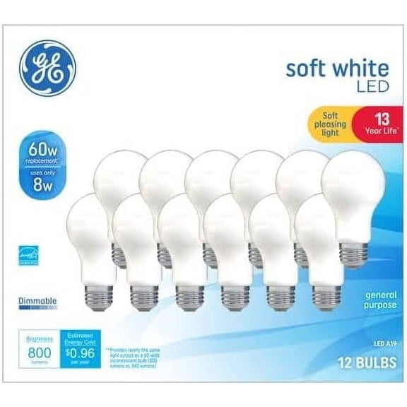 DAYI LED 8W (60W Equivalent) Soft White DAYIneral Purpose A19 Light Bulbs, Medium Base, Frosted, 13 Year Life, 12pk