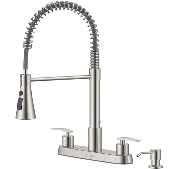 DAYONE 2 Handles Kitchen Faucet with Soap Dispenser, Commercial 4 Holes Kitchen Faucet with Pull Down Sprayer 3 Modes, Brushed Nickel Stainless Steel 3 Holes Faucet for Kitchen Bar RV