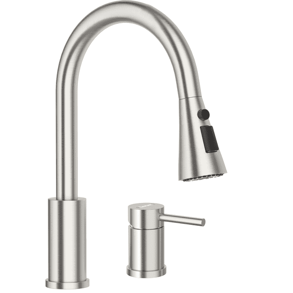 DAYONE 2 Holes Kitchen Faucet, Two Holes Stainless Steel Brushed Nickel Kitchen Sink Faucet with Side Single Handle & Pull Down Sprayer 3 Modes 2 Pieces, DAY-CR276