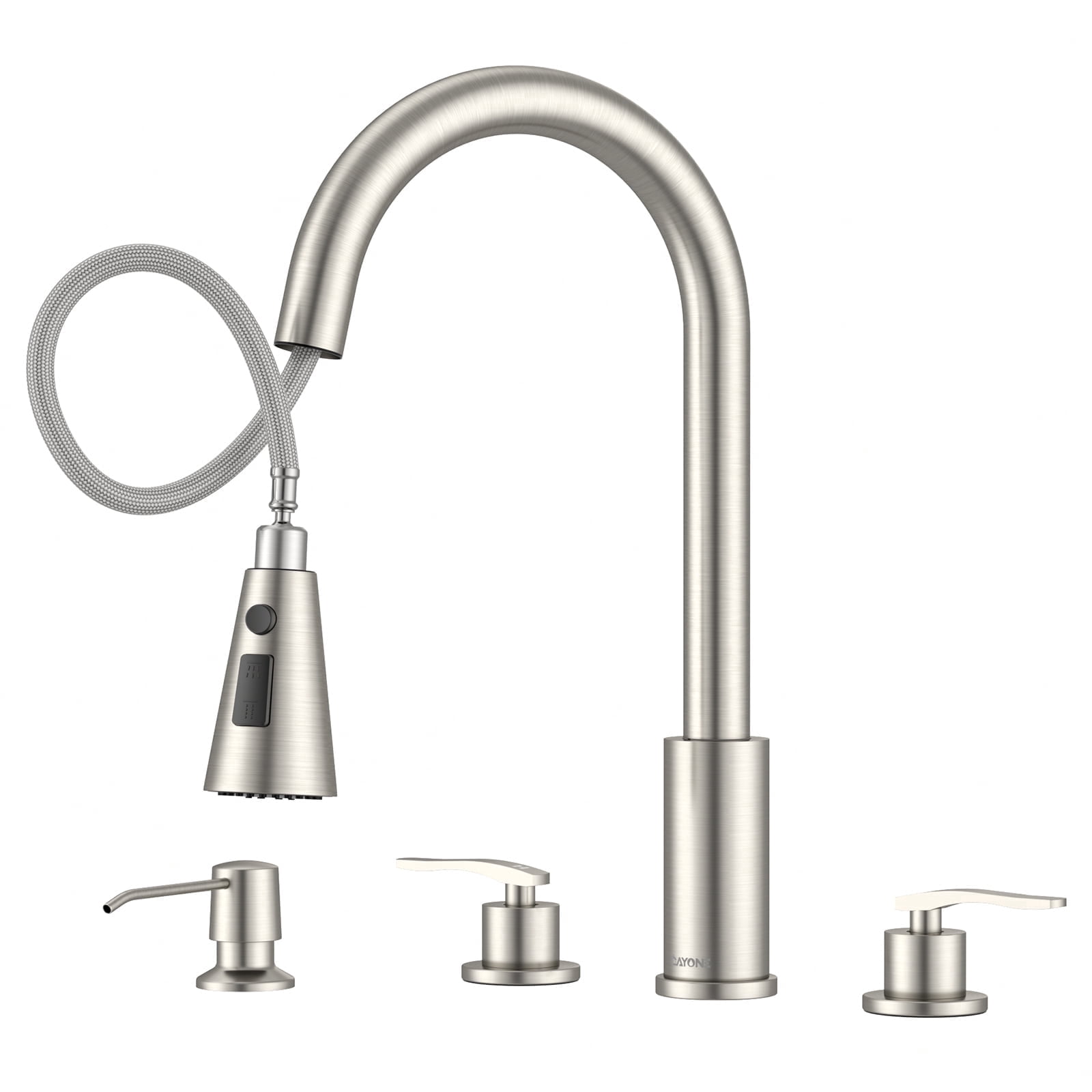 DAYONE 3 Hole Kitchen Faucet with Separate Handle and Pull Down Sprayer, 2 Handle Sink Faucets for Kitchen/RV with Soap Dispenser Stainless Steel, Brushed Nickel