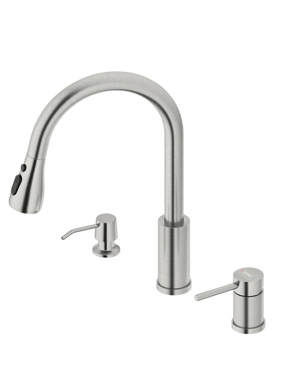 DAYONE 3 Hole Kitchen Faucet, Stainless Steel High Arch Kitchen Sink Faucet with Separate Handle 3 Pieces, Brushed Nickel Kitchen Faucet with Soap Dispenser and Pull Down 3-Mode Sprayer, Day3003-3H