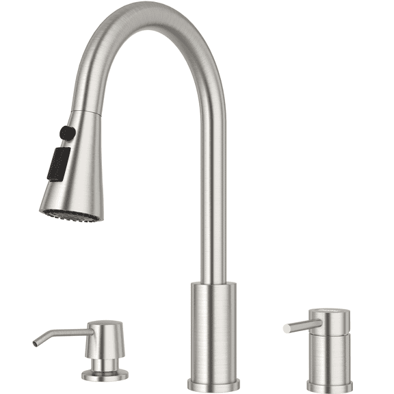 DAYONE 3 Holes Kitchen Faucets with Soap Dispenser, 2 Holes Brushed Nickel Kitchen Sink Faucet with Pull Down Sprayer, Side Single Handle High Arc 3 Pieces, DAY-CR277