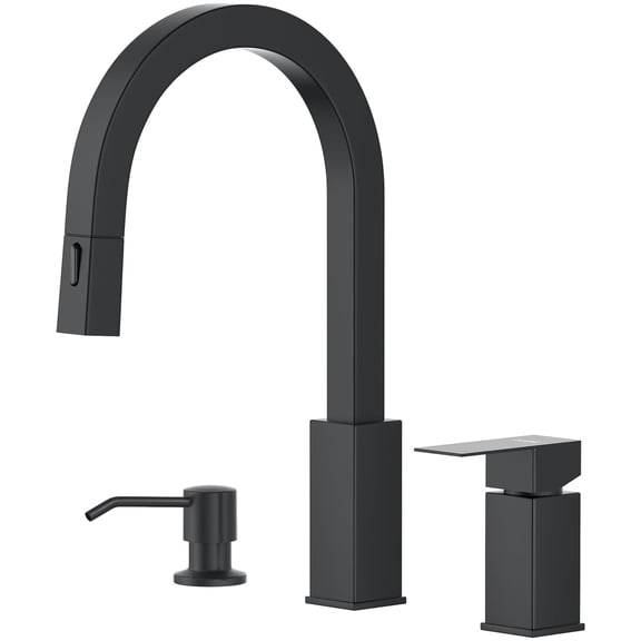 DAYONE 3 Holes Square Kitchen Faucet with Soap Dispenser Matte Black, 3 Pieces Modern Pull-Out Kitchen Sink Faucet with Pull Down Spray, Stainless Steel Single Side Separate Handle Faucet for Kitchen
