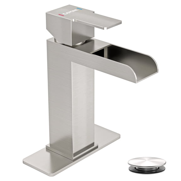 DAYONE Bathroom Sink Faucet Single Handle, One Hole Bathroom Faucet with Pop Up Drain Stopper, Includes Optional 6" Deckplate 1 Hole Stainless Steel Basin Mixer Tap Brushed Nickel