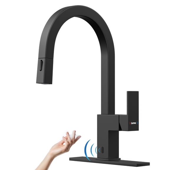 DAYONE Black Touchless Kitchen Faucet Square, Modern Sensor Hands-Free Kitchen Sink Faucet, Smart Motion Activated Bar Sink Faucet with Pull Down Sprayer Single Handle