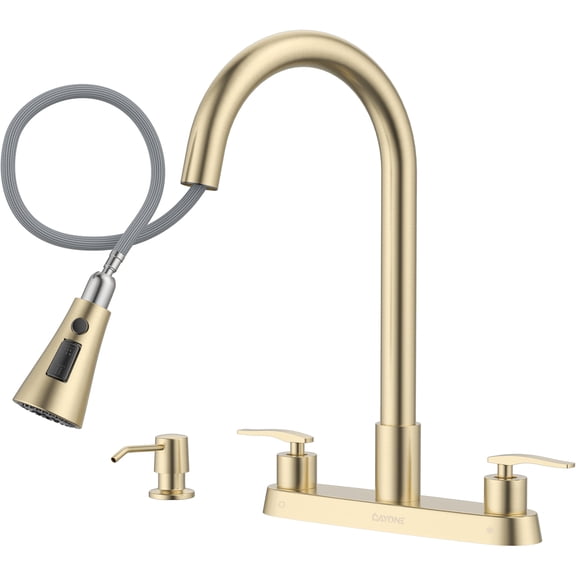 DAYONE Brushed Gold 2 Handle Kitchen Faucet with Pull Down Sprayer, 4 Holes Sink Faucets for Kitchen/RV with Soap Dispenser Stainless Steel