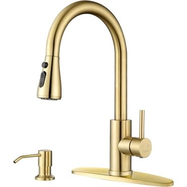 DAYONE Kitchen Faucet with Soap Dispenser Champagne Gold, Stainless Steel Single Handle Kitchen Sink Faucet 3 Modes, Pull Down Faucet for 2 Holes or 4 Holes Sink