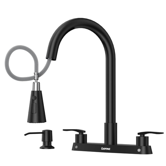 DAYONE Matte Black 2 Handle Kitchen Faucet with Pull Down Sprayer, 4 Holes Sink Faucets for Kitchen/RV with Soap Dispenser Stainless Steel