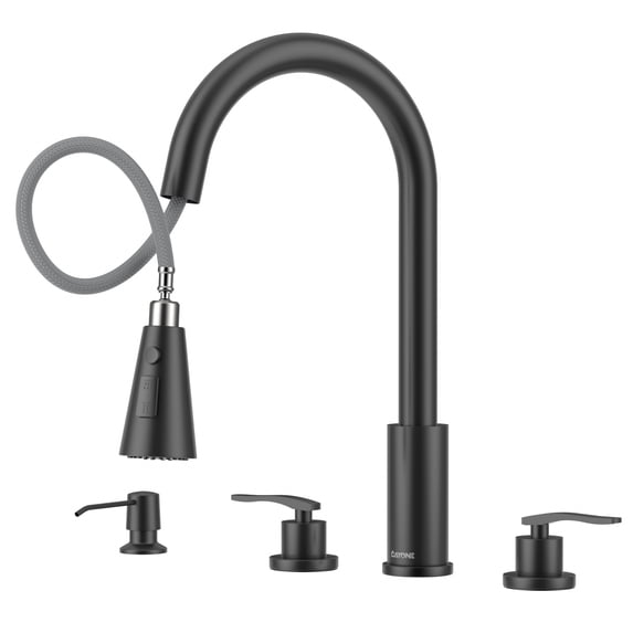 DAYONE Matte Black 3 Hole Kitchen Faucet with Separate Handle and Pull Down Sprayer, 2 Handle Sink Faucets for Kitchen RV Laundry Bar