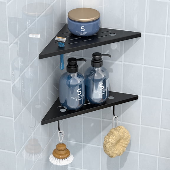 DAYONE Matte Black Corner Shower Shelf 2 Pack 10", Bathroom Corner Shower Organizer Shelf for Tiled Wall, SUS304 Stainless Steel Slot Design Recessed Corner Shelves with 2 Hooks and 4 Holes
