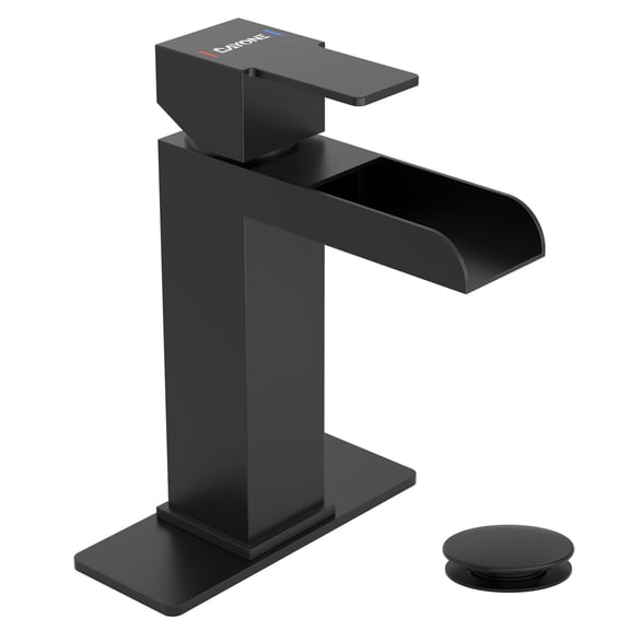 DAYONE Matte Black Single Handle Bathroom Sink Faucet, 1 Hole Waterfall Bathroom Faucets with Pop Up Drain, Single Hole Mixer Tap Includes Optional 6-inch Squre Deckplate Stainless Steel