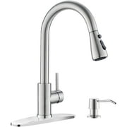 DAYONE Pull Down Brushed Nickel Kitchen Faucet with Sprayer and Soap Dispenser, Stainless Steel Faucet, 3 Modes High Arc Single Handle Kitchen Sink Faucet with Deck Plate for Kitchen Renovation