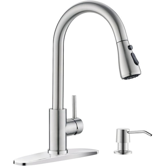 Dayone Brushed Nickel Kitchen Faucet with Sprayer & Soap Dispenser, Stainless Steel, High Arc Single Handle