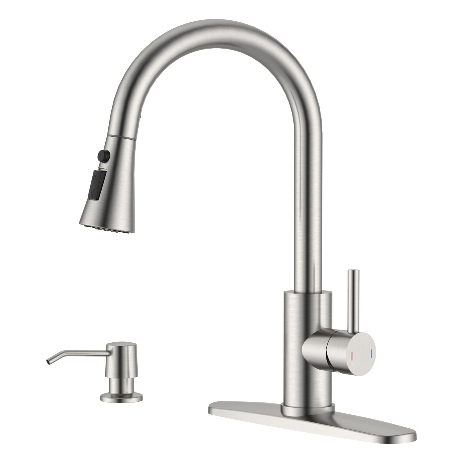 DAYONE Pull Down Brushed Nickel Kitchen Faucet with Sprayer and Soap Dispenser, Stainless Steel Faucet, 3 Modes High Arc Single Handle Kitchen Sink Faucet with Deck Plate for Kitchen Renovation