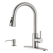 DAYONE Pull Down Brushed Nickel Kitchen Faucet with Sprayer and Soap Dispenser, Stainless Steel Faucet, 3 Modes High Arc Single Handle Kitchen Sink Faucet with Deck Plate for Kitchen Renovation
