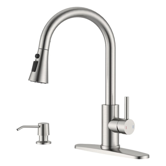 DAYONE Pull Down Brushed Nickel Kitchen Faucet with Sprayer and Soap Dispenser, Stainless Steel Faucet, 3 Modes High Arc Single Handle Kitchen Sink Faucet with Deck Plate for Kitchen Renovation