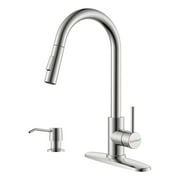 DAYONE Pull Down Brushed Nickel Kitchen Faucet with Sprayer and Soap Dispenser, Single Handle High Arc Stainless Steel Kitchen Sinkl Faucet for Kitchen Renovation and Decor