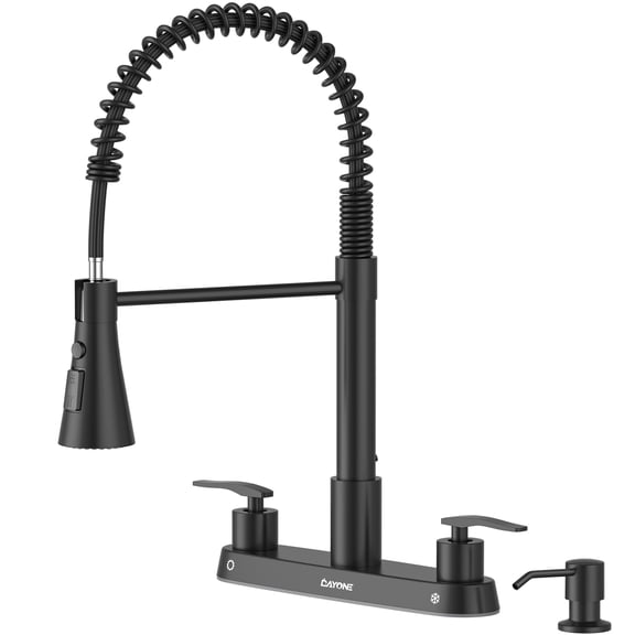 DAYONE Two Handles Kitchen Faucet with Pull Down Sprayer and Soap Dispenser, Spring Matte Black Pull Out Kitchen Sink Faucet for 3/4 Holes Sink, High Arc Stainless Steel Faucet for Kitchen Bar RV